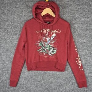 Ed‎ Hardy Women's Retro Koi Fish Graphic Maroon Crop Hoodie Size M Y2K